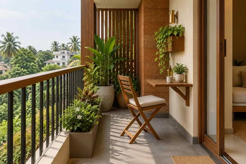 AI-generated outdoor concept: narrow apartment balcony, malabar timber direction