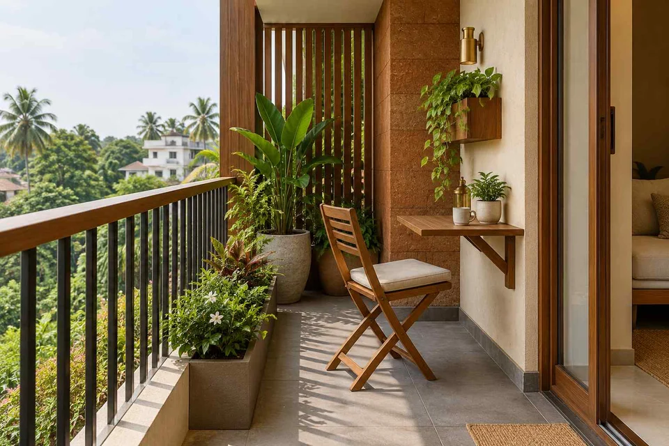 AI-generated outdoor concept: narrow apartment balcony, malabar timber direction
