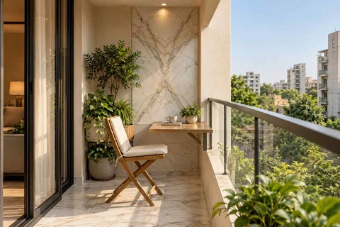 AI-generated outdoor concept: narrow apartment balcony, marble restraint direction