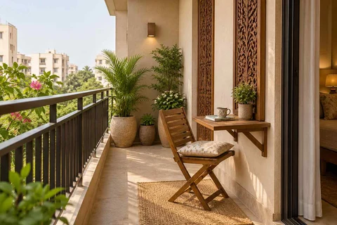 AI-generated outdoor concept: narrow apartment balcony, modern carved direction