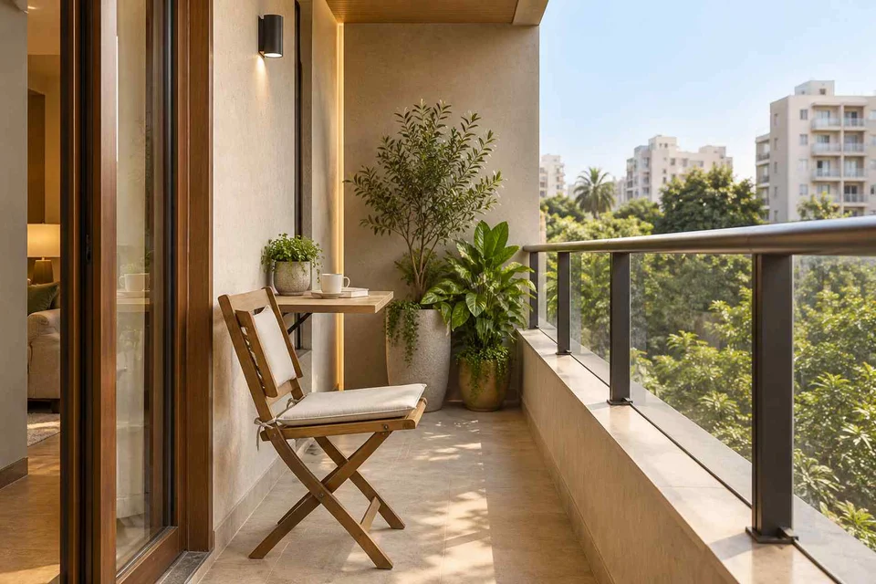 AI-generated outdoor concept: narrow apartment balcony, quiet contemporary direction