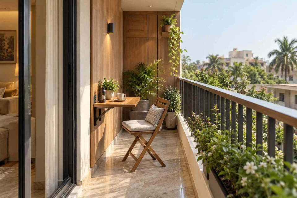 AI-generated outdoor concept: narrow apartment balcony, quiet transitional direction