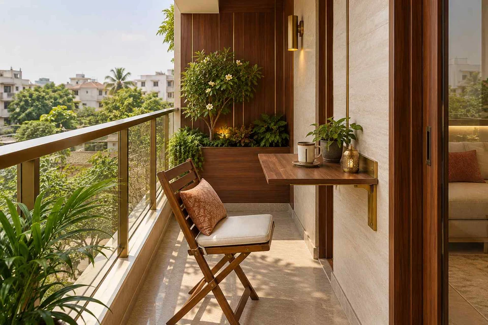 AI-generated outdoor concept: narrow apartment balcony, rosewood brass direction