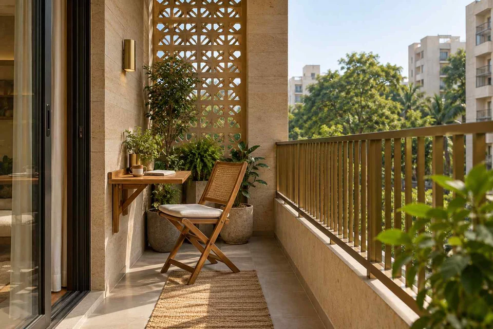AI-generated outdoor concept: narrow apartment balcony, sandstone lattice direction