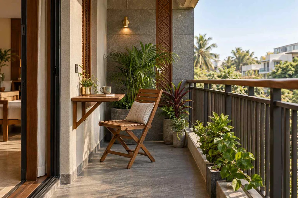 AI-generated outdoor concept: narrow apartment balcony, teak craft direction