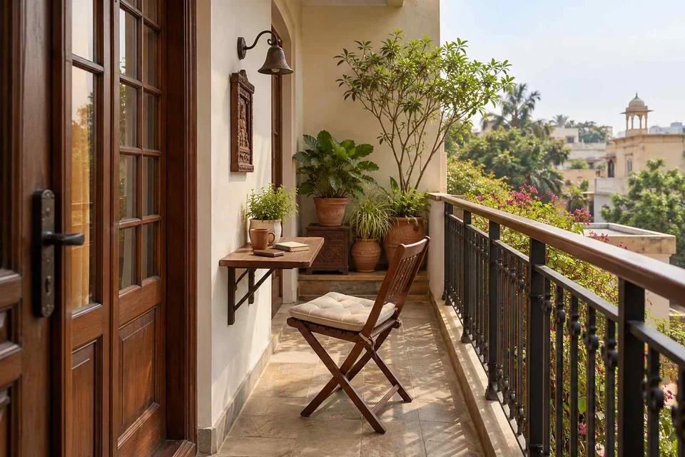 AI-generated outdoor concept: narrow apartment balcony, terracotta heritage direction