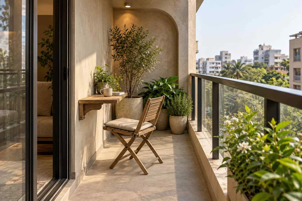 AI-generated outdoor concept: narrow apartment balcony, textured mineral direction