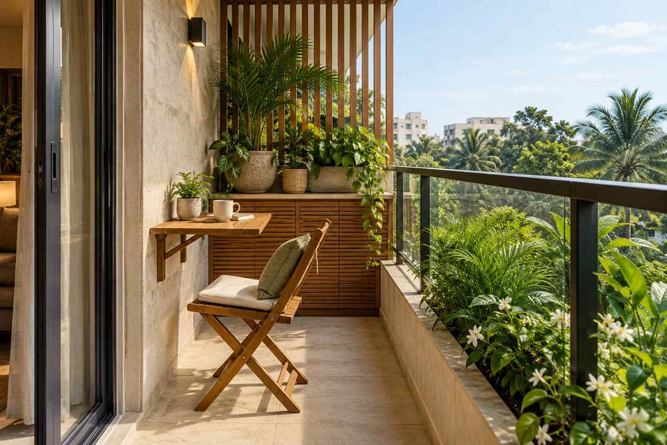 AI-generated outdoor concept: narrow apartment balcony, tropical slatted direction