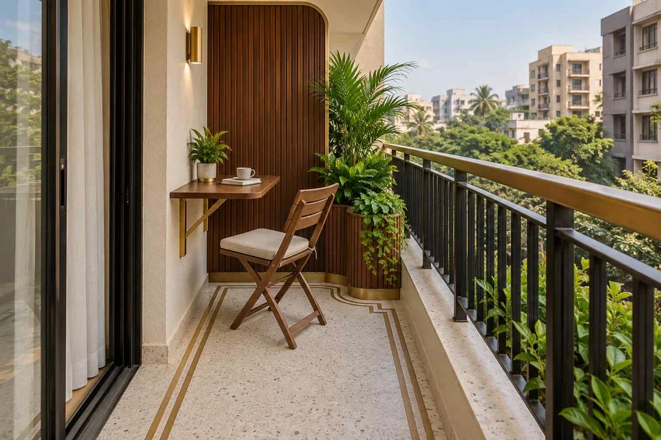 AI-generated outdoor concept: narrow apartment balcony, urban deco direction
