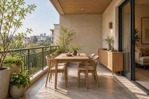 AI-generated outdoor concept: outdoor dining loggia, ash and linen direction