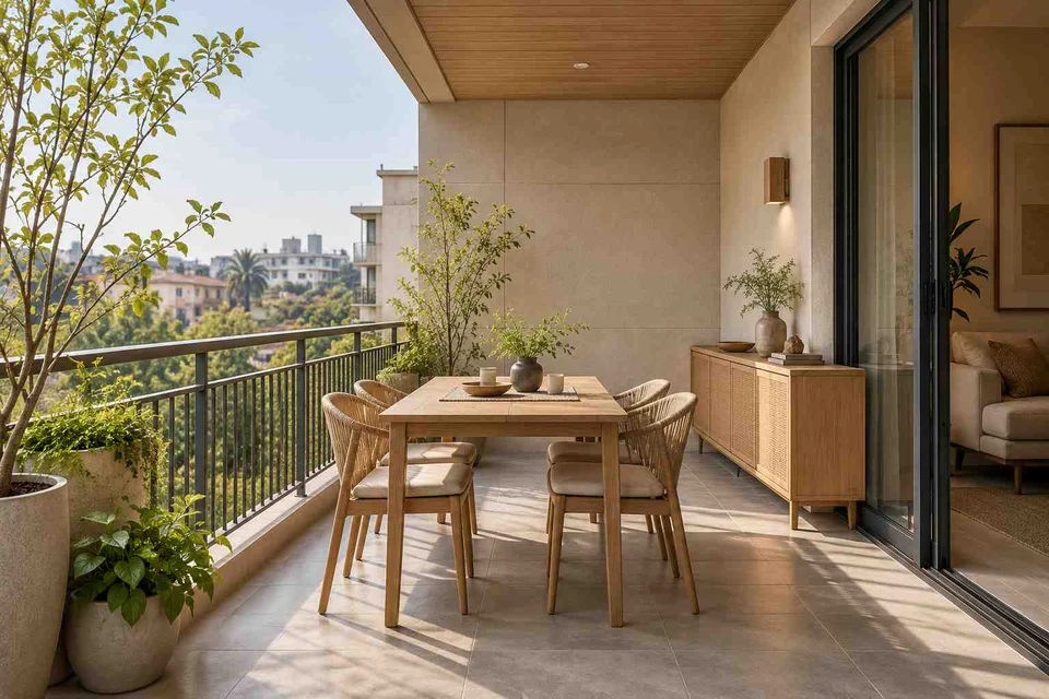 AI-generated outdoor concept: outdoor dining loggia, ash and linen direction