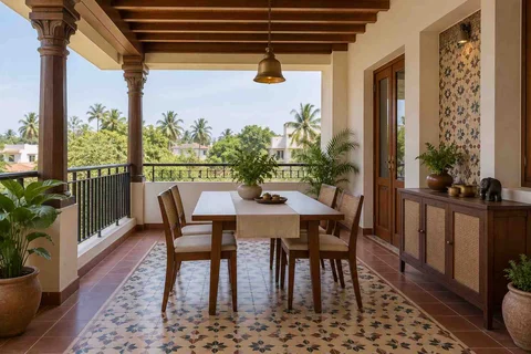 AI-generated outdoor concept: outdoor dining loggia, chettinad tile direction