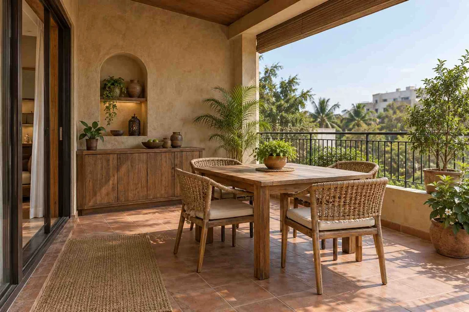 AI-generated outdoor concept: outdoor dining loggia, clay artisan direction