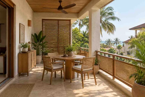 AI-generated outdoor concept: outdoor dining loggia, coastal woven direction