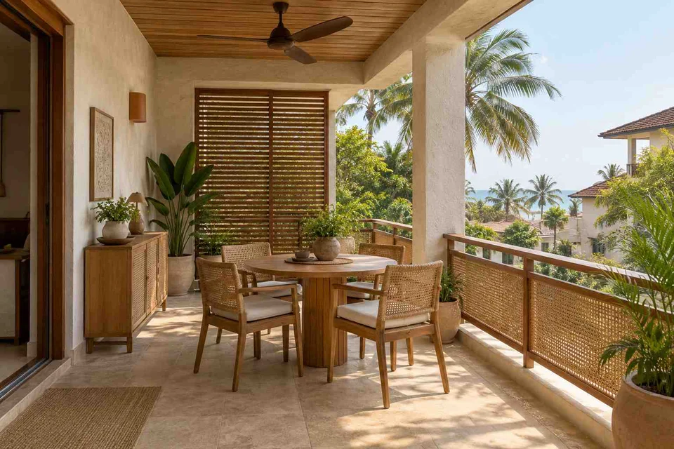 AI-generated outdoor concept: outdoor dining loggia, coastal woven direction