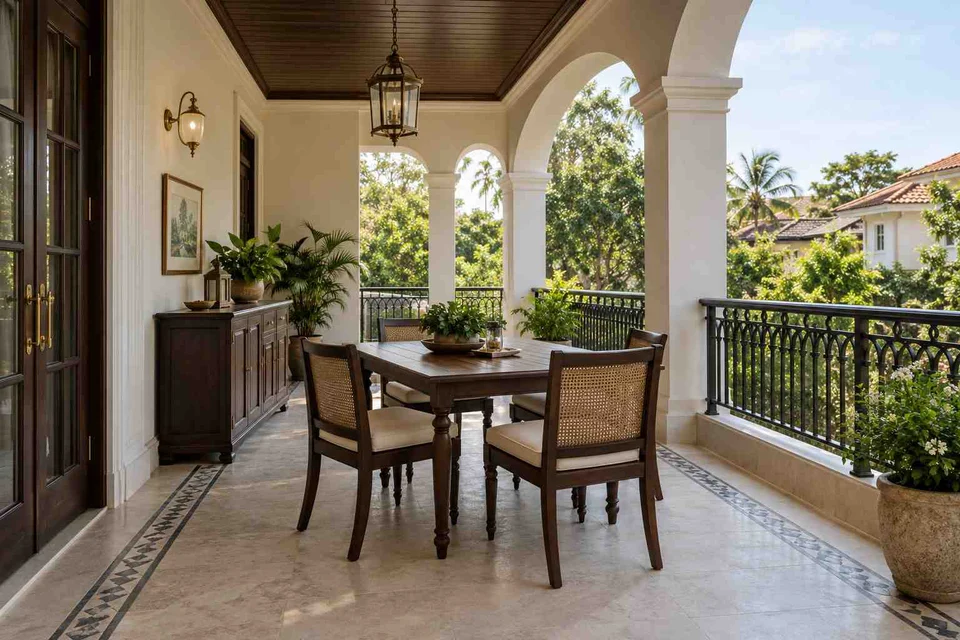 AI-generated outdoor concept: outdoor dining loggia, colonial quiet direction