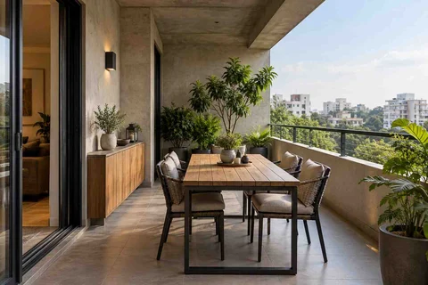 AI-generated outdoor concept: outdoor dining loggia, concrete and oak direction
