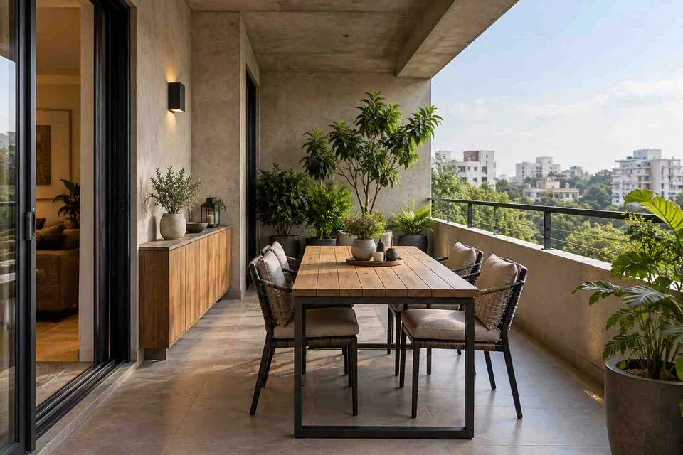AI-generated outdoor concept: outdoor dining loggia, concrete and oak direction