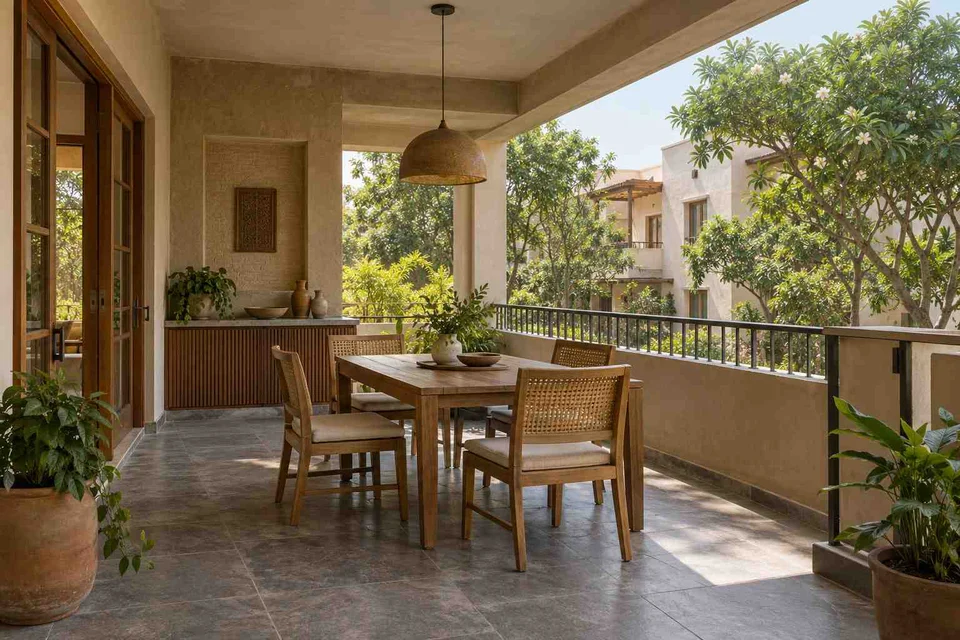 AI-generated outdoor concept: outdoor dining loggia, courtyard modern direction