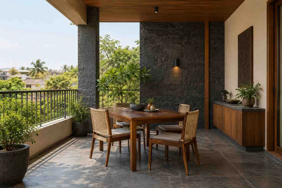 AI-generated outdoor concept: outdoor dining loggia, deccan stone direction
