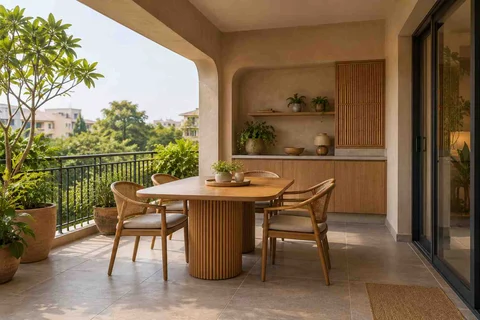 AI-generated outdoor concept: outdoor dining loggia, earth and bamboo direction