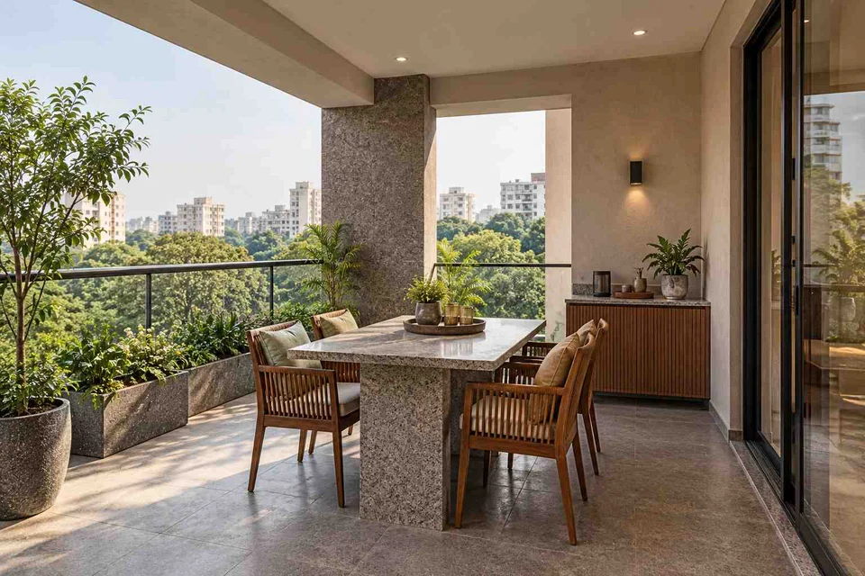 AI-generated outdoor concept: outdoor dining loggia, granite precision direction