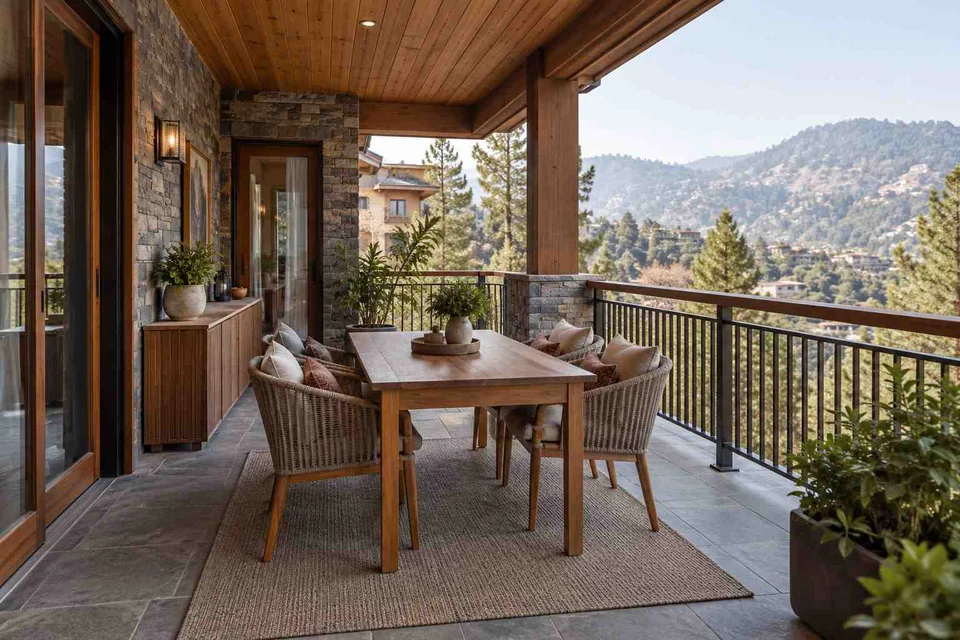 AI-generated outdoor concept: outdoor dining loggia, hill timber direction