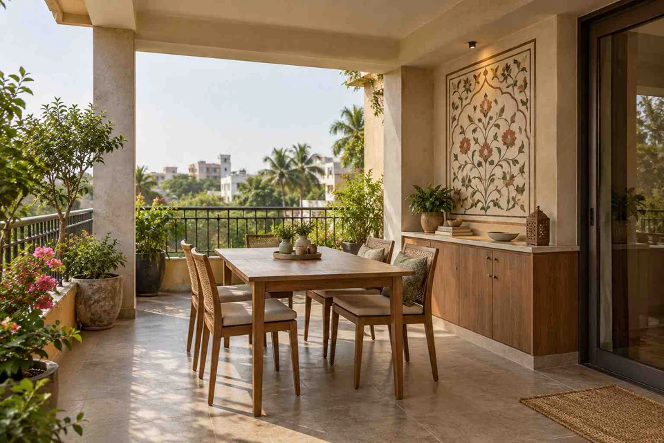 AI-generated outdoor concept: outdoor dining loggia, inlay atelier direction