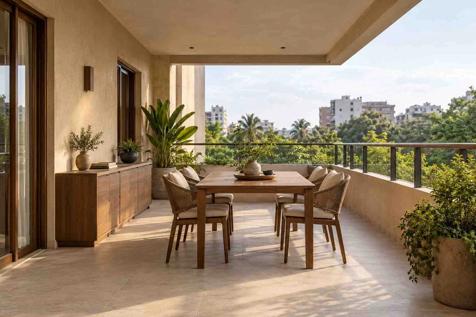 AI-generated outdoor concept: outdoor dining loggia, lime and walnut direction