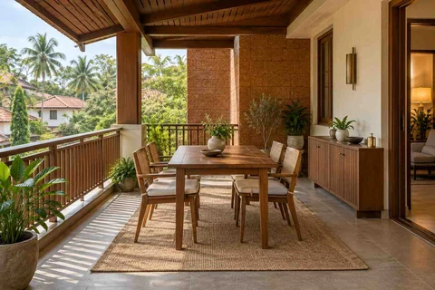 AI-generated outdoor concept: outdoor dining loggia, malabar timber direction