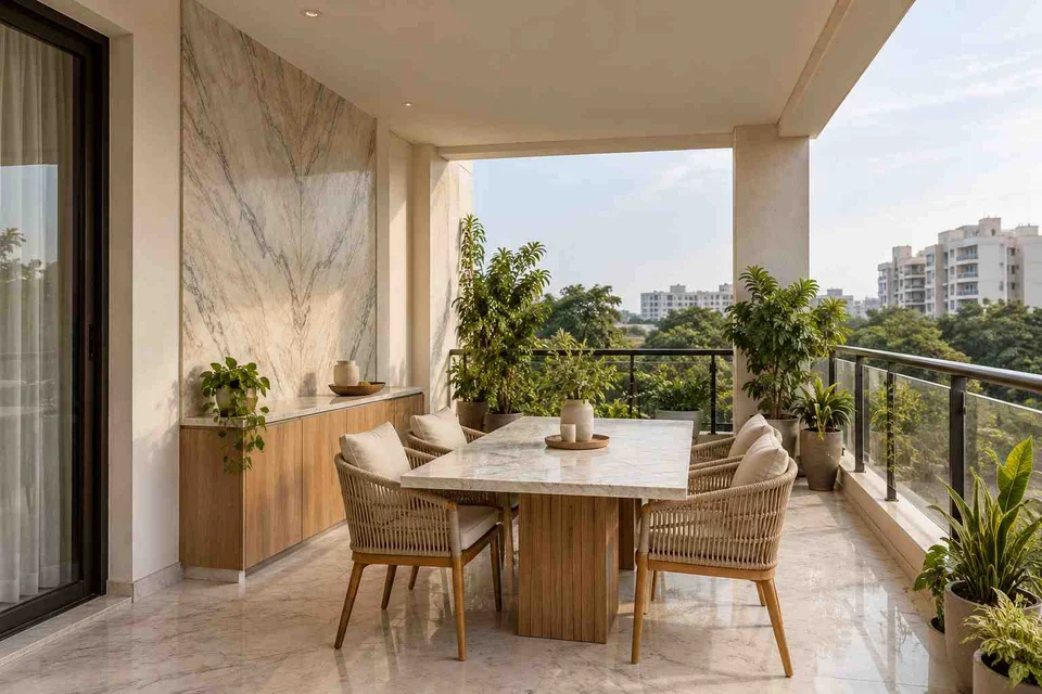 AI-generated outdoor concept: outdoor dining loggia, marble restraint direction