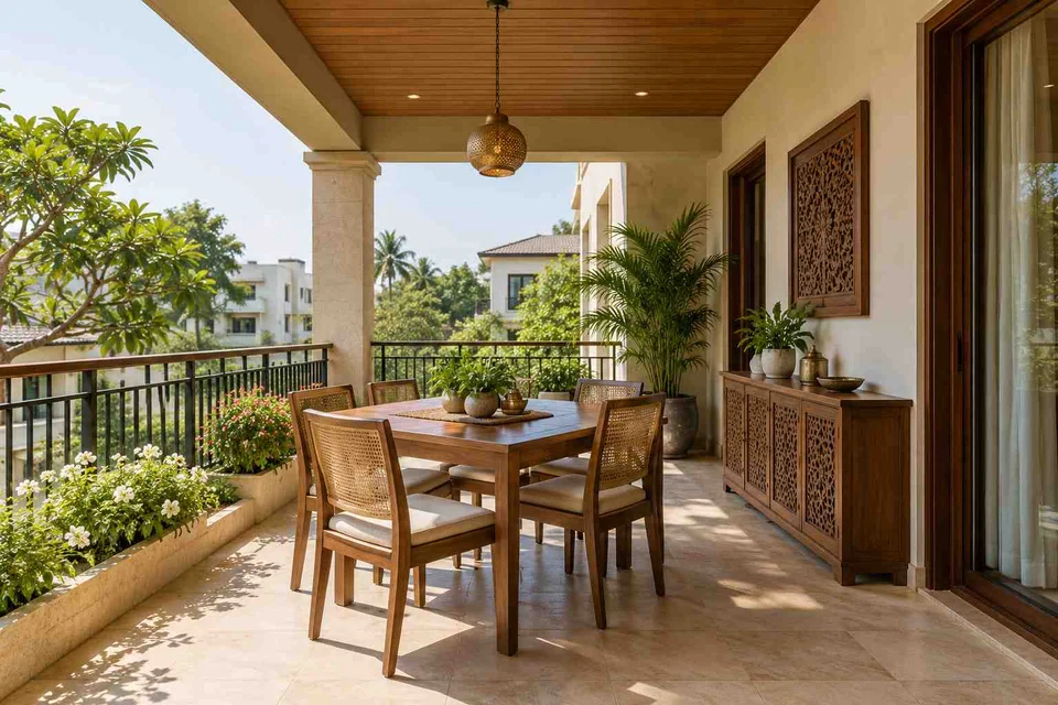 AI-generated outdoor concept: outdoor dining loggia, modern carved direction
