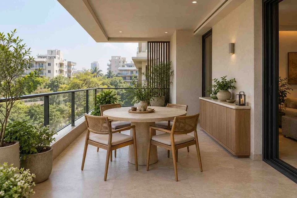 AI-generated outdoor concept: outdoor dining loggia, quiet contemporary direction