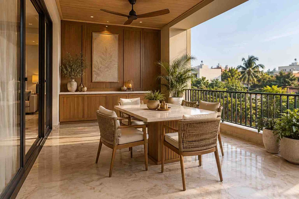 AI-generated outdoor concept: outdoor dining loggia, quiet transitional direction