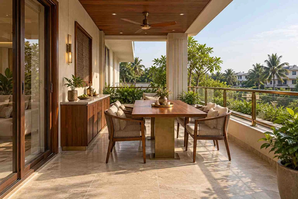 AI-generated outdoor concept: outdoor dining loggia, rosewood brass direction