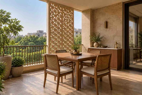 AI-generated outdoor concept: outdoor dining loggia, sandstone lattice direction