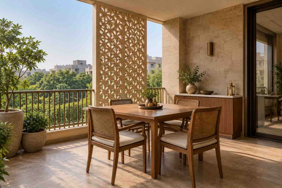 AI-generated outdoor concept: outdoor dining loggia, sandstone lattice direction