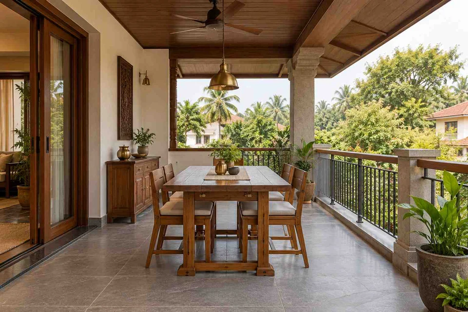 AI-generated outdoor concept: outdoor dining loggia, teak craft direction