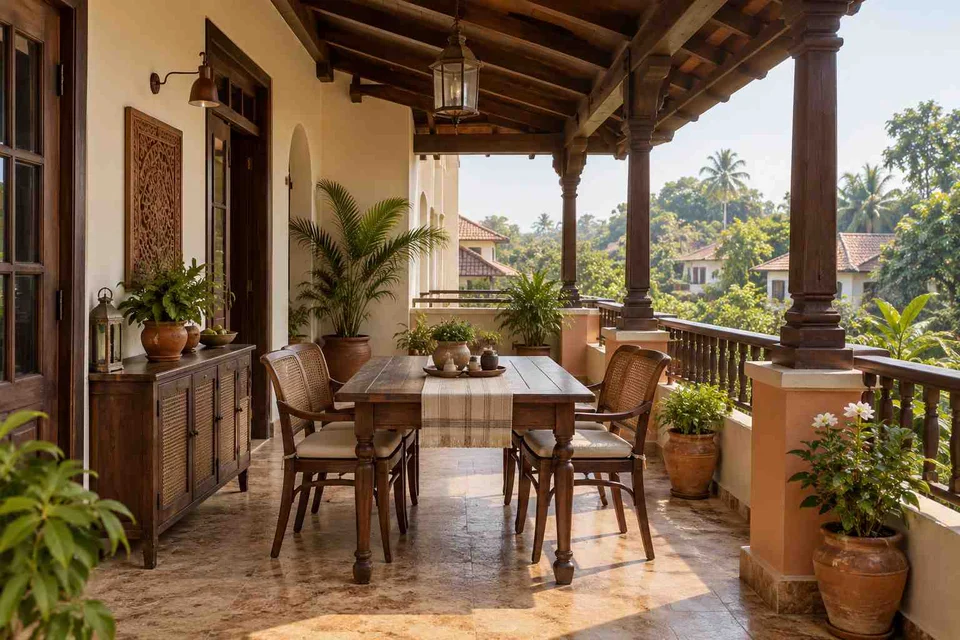 AI-generated outdoor concept: outdoor dining loggia, terracotta heritage direction