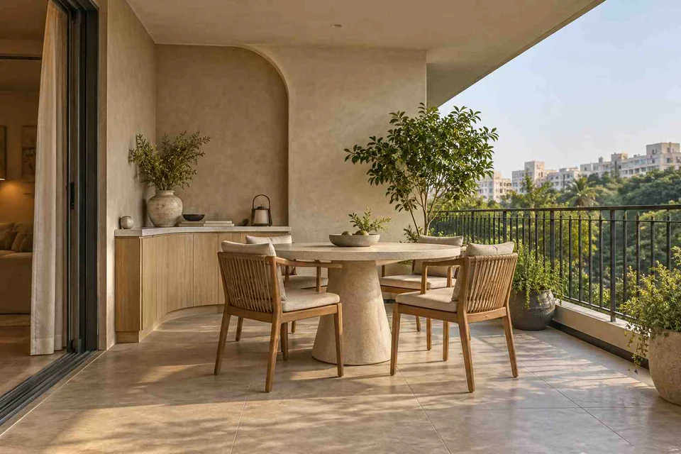 AI-generated outdoor concept: outdoor dining loggia, textured mineral direction