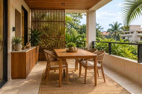 AI-generated outdoor concept: outdoor dining loggia, tropical slatted direction