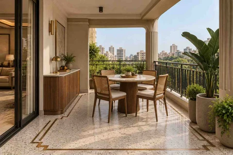 AI-generated outdoor concept: outdoor dining loggia, urban deco direction