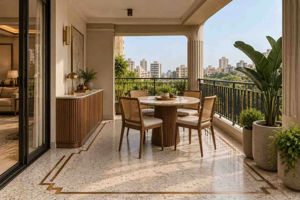 AI-generated outdoor concept: outdoor dining loggia, urban deco direction