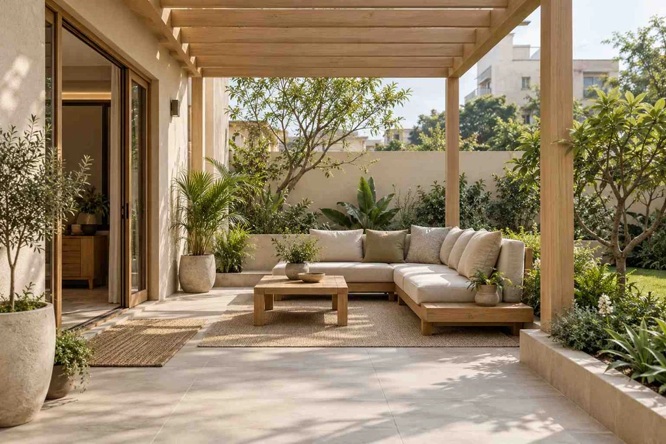 AI-generated outdoor concept: pergola patio lounge, ash and linen direction