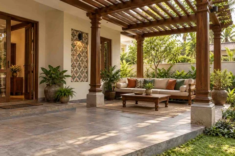 AI-generated outdoor concept: pergola patio lounge, chettinad tile direction