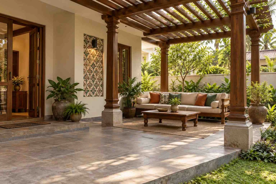 AI-generated outdoor concept: pergola patio lounge, chettinad tile direction