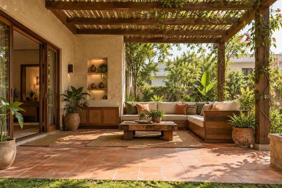 AI-generated outdoor concept: pergola patio lounge, clay artisan direction