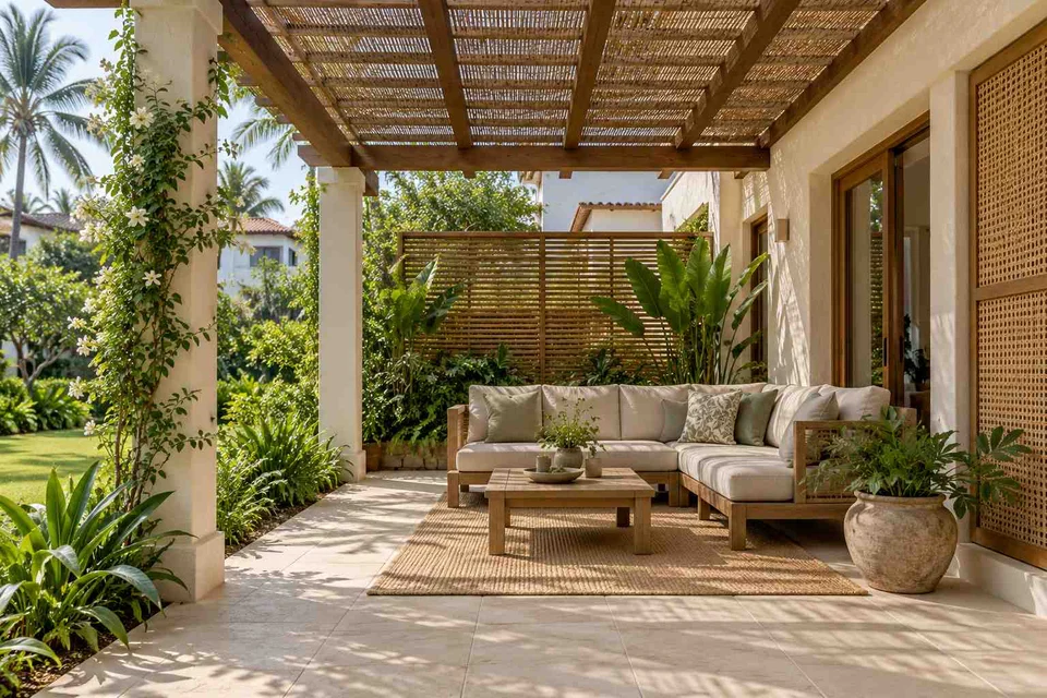 AI-generated outdoor concept: pergola patio lounge, coastal woven direction