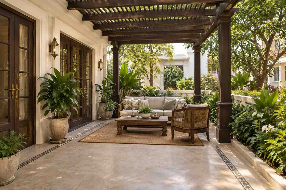 AI-generated outdoor concept: pergola patio lounge, colonial quiet direction