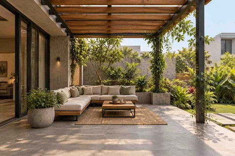 AI-generated outdoor concept: pergola patio lounge, concrete and oak direction